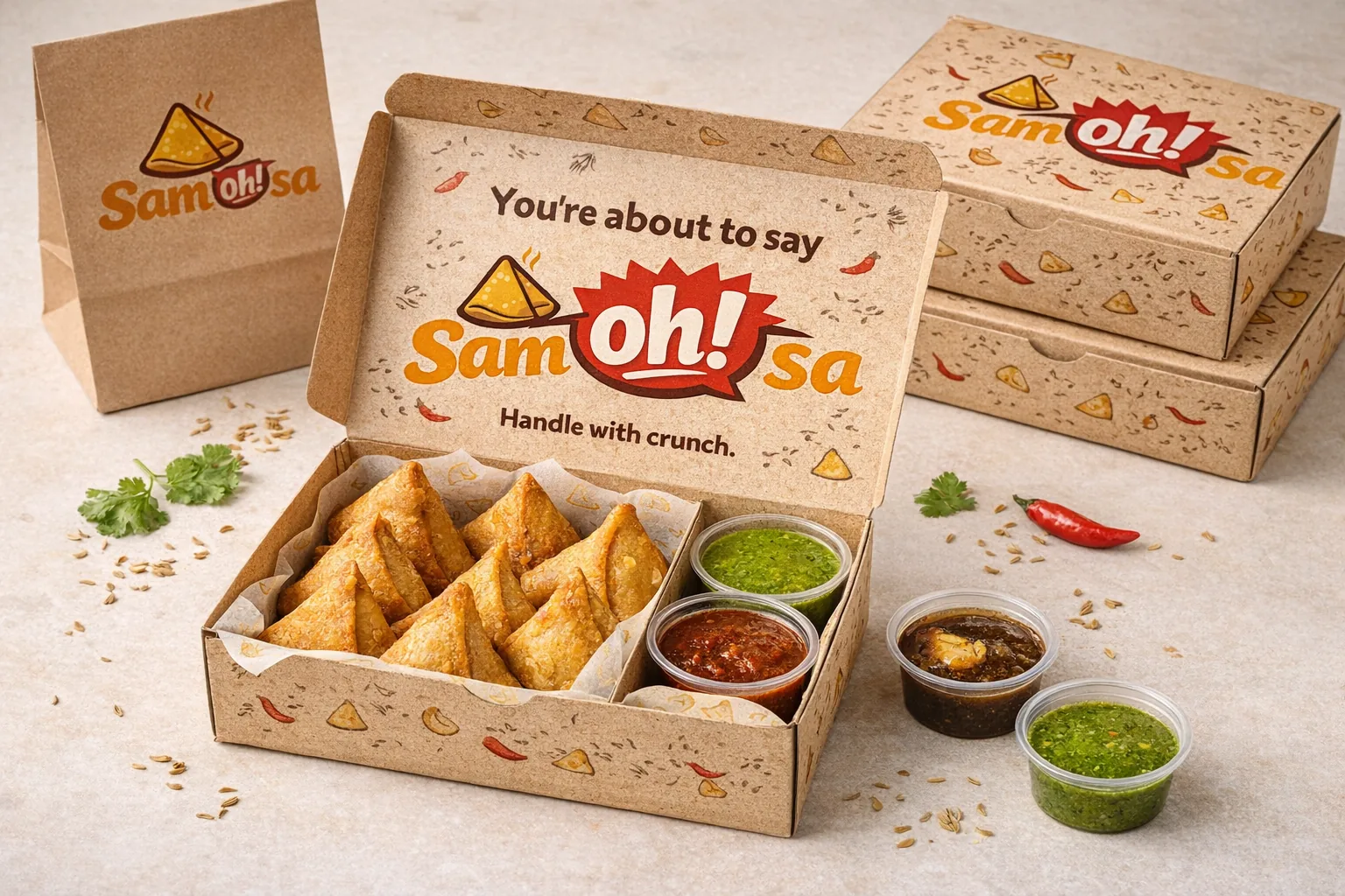 Open kraft box of samosas with chutneys