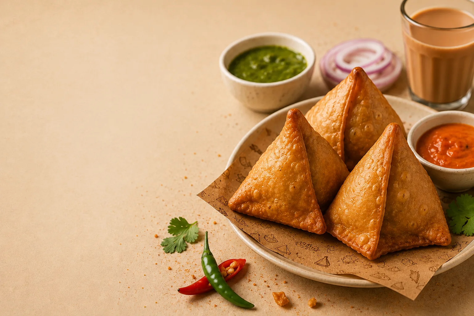 Open samosa box with chutneys